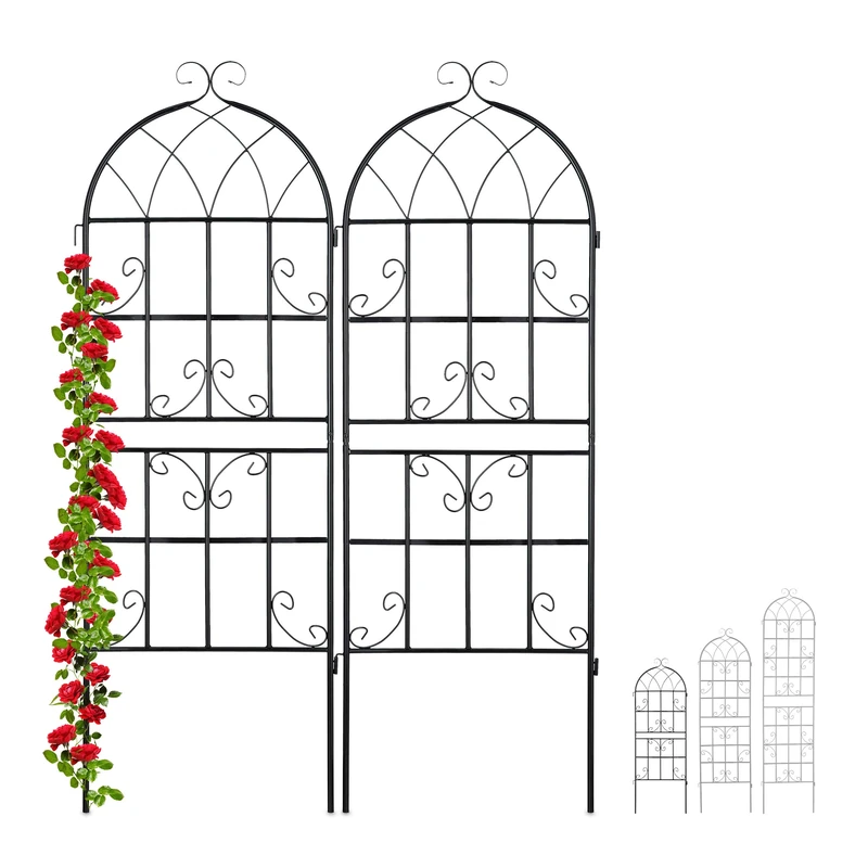 Relaxdays Metal Trellis, Set of 2, Climbing Plant Support, Free-Standing, Vintage Style, 150x50 cm, Garden Panels, Black