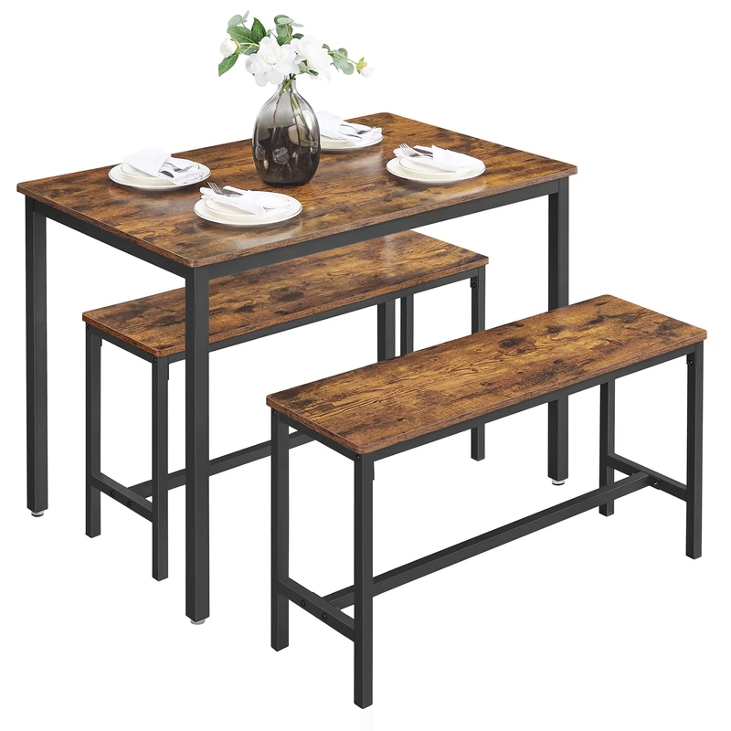 VASAGLE Dining Table with 2 Benches, 3 Piece Set, Kitchen Table of 70 x 110 x 75 cm, 2 Benches of 30 x 97 x 50 cm Each, Steel Frame, Industrial Design, Rustic Brown and Black KDT070B01