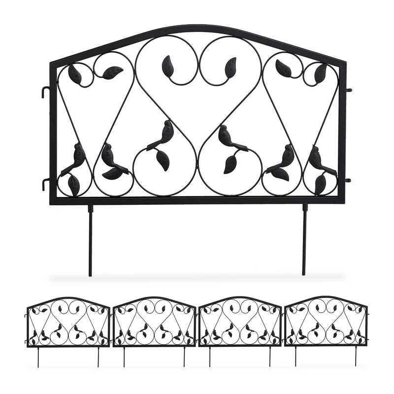 Relaxdays Garden Edging, 4 Piece Set, HxW: 33 x 225 cm, Flowerbed Border Fence, Push-In, Iron, Leaf Design, Black, Beetzaun