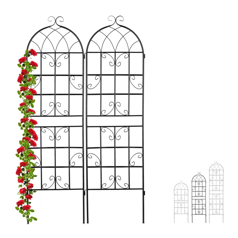 Relaxdays Metal Trellis, Set of 2, Climbing Plant Support, Free-Standing, Vintage Style, 180x50 cm, Garden Panels, Black