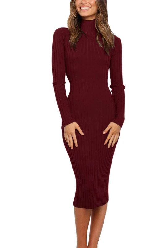 Merokeety Women's Ribbed Long Sleeve Sweater Dress High Neck Slim Fit Knitted Midi Dress, Wine, S - Image 1