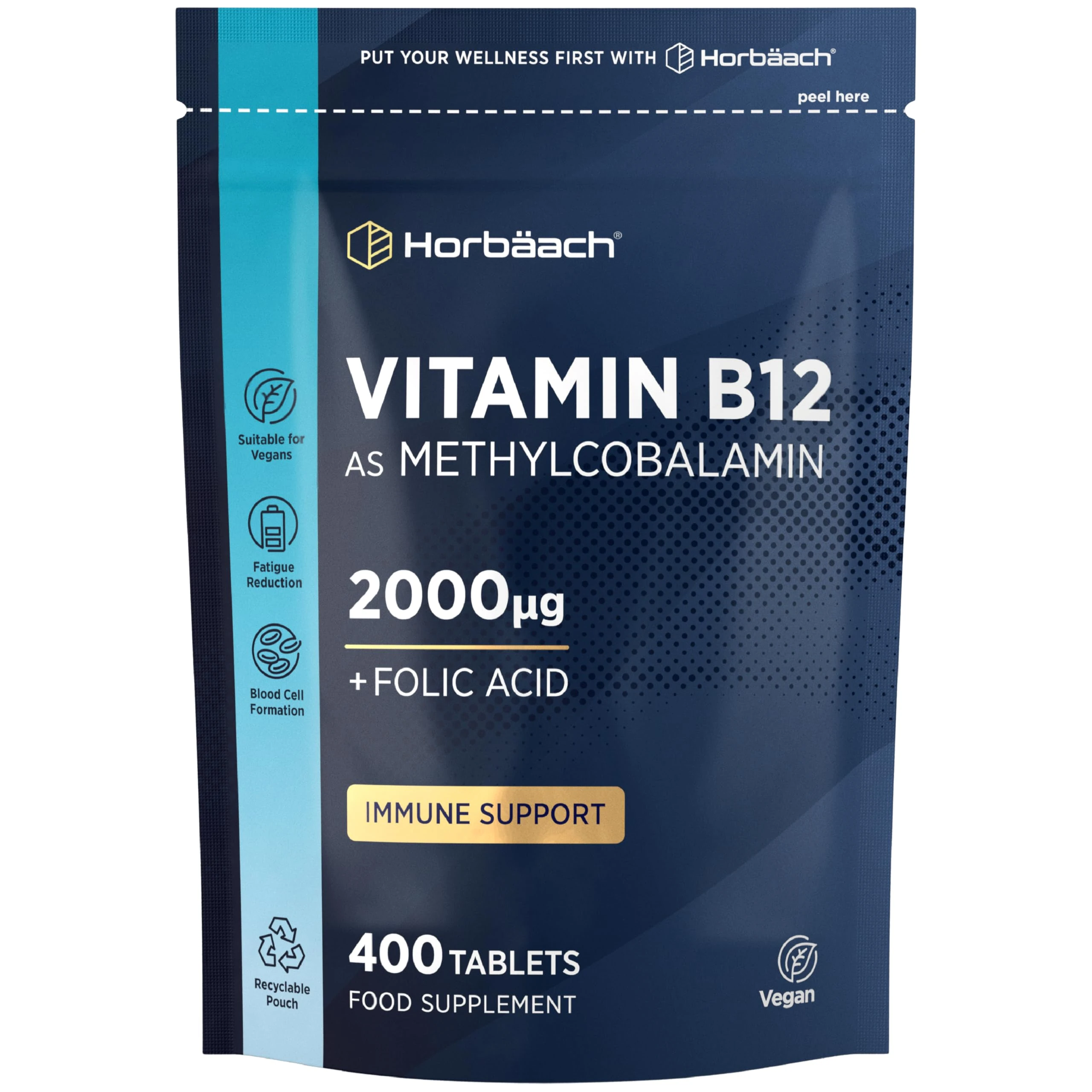 Vitamin B12 Tablets High Strength 2000mcg with Folic Acid | 400 Count | Vitamin B12 as Methylcobalamin | Vegan Supplement | by Horbaach