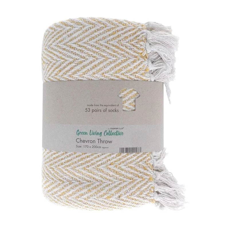 COUNTRY CLUB Eco Friendly Recycled Chevron Weave Blanket Throw Ochre 170x200cm