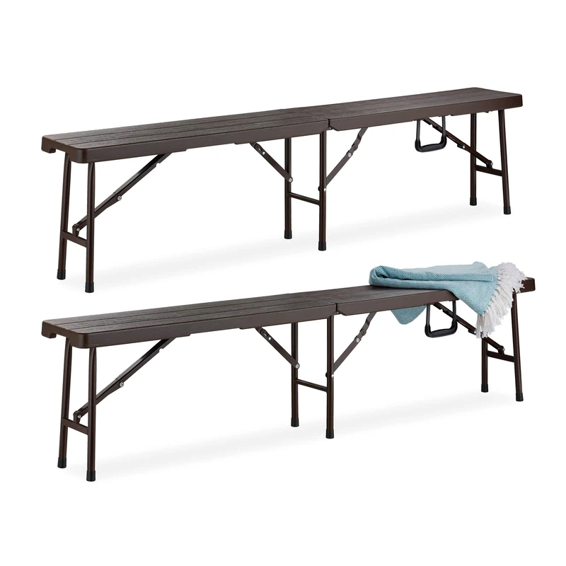 Relaxdays Fold-up Bench, 2x Set, Folding Picnic Seat, Beer Garden, Pub, Camp, HxWxD: 43 x 179 x 24.5 cm, Plastic, Brown