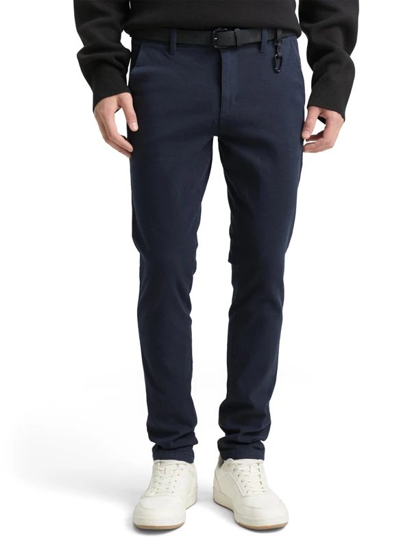 TOM TAILOR Denim Men's Straight Chino Trousers with Belt 1020451, 23976 - Navy Dobby Yarn Dye, 30W / 34L