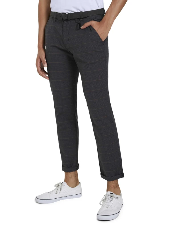 TOM TAILOR Denim Men's Straight Chino Trousers with Belt 1020451, 23995 - Grey Brown Check Yarn Dye, 36W / 32L
