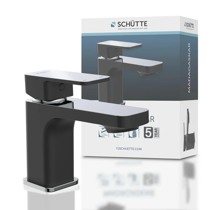 SCHÜTTE MADAGASKAR 43106 Wash Basin Mixer Tap with Pop-Up Valve Bathroom Sink Single Lever Mixer Tap Bathroom Tap Black Chrome