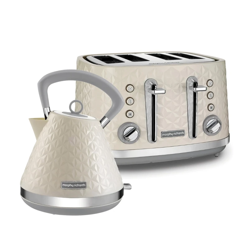 Morphy Richards Vector Pyramid Kettle and 4-Slice Toaster Set – 1.7L Rapid Boil Traditional Kettle with Anti-Limescale Filter & Variable Browning 4-Slice Toaster, Cream 108132 | 248132
