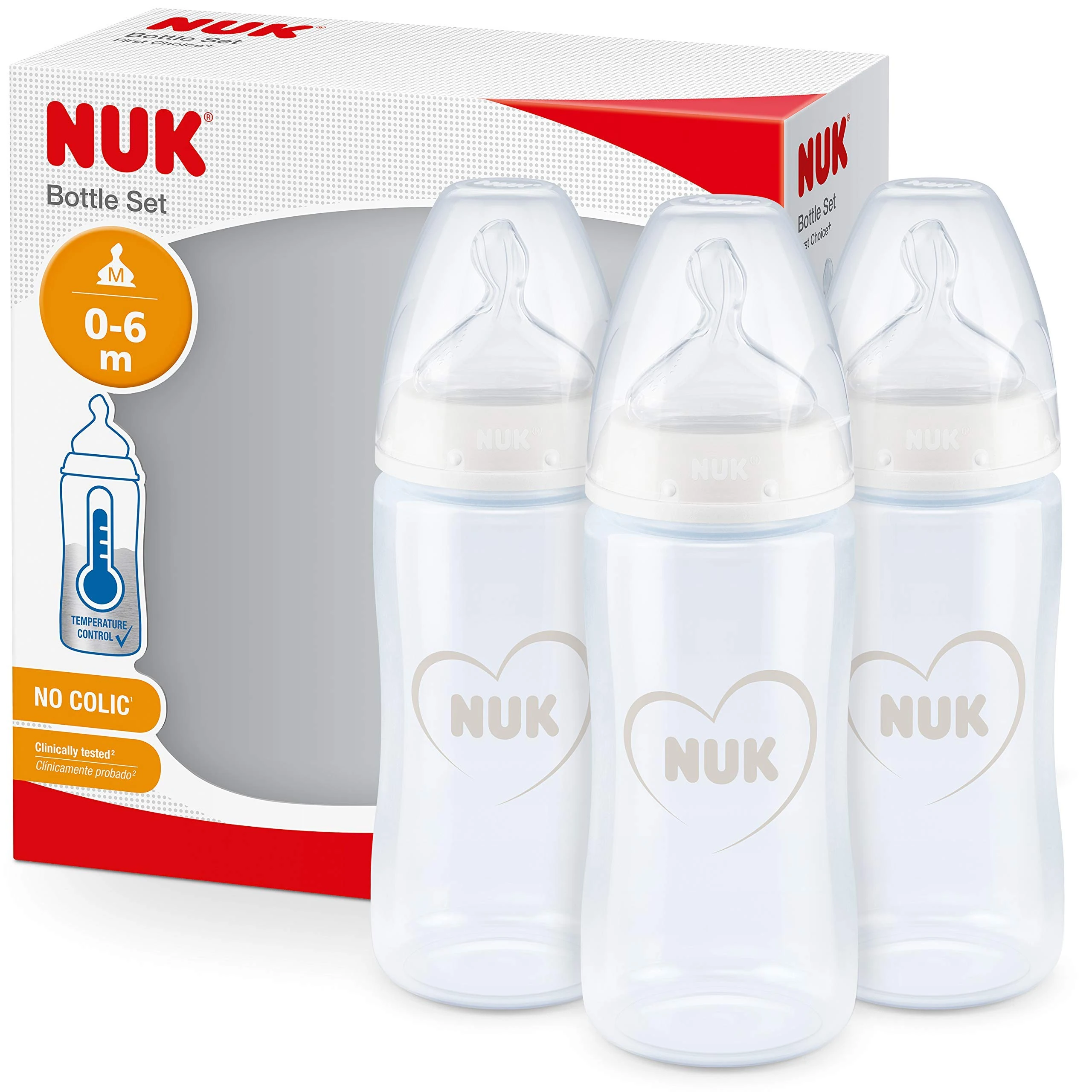 NUK First Choice+ Baby Bottles | 0-6 Months | 300 ml | Anti-Colic Bottles with Orthodontic Silicone Teat | Temperature Control | BPA-Free | Grey & White | 3 Count