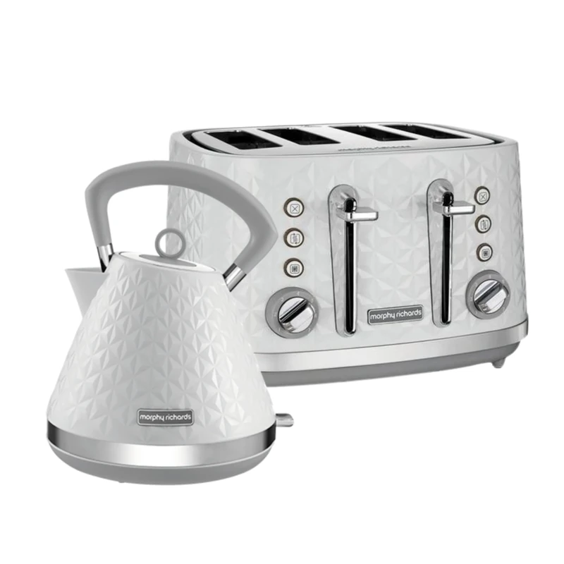 Morphy Richards Vector Pyramid Kettle and 4-Slice Toaster Set – 1.7L Rapid Boil Traditional Kettle with Anti-Limescale Filter & Variable Browning 4-Slice Toaster, White 108134 | 248134