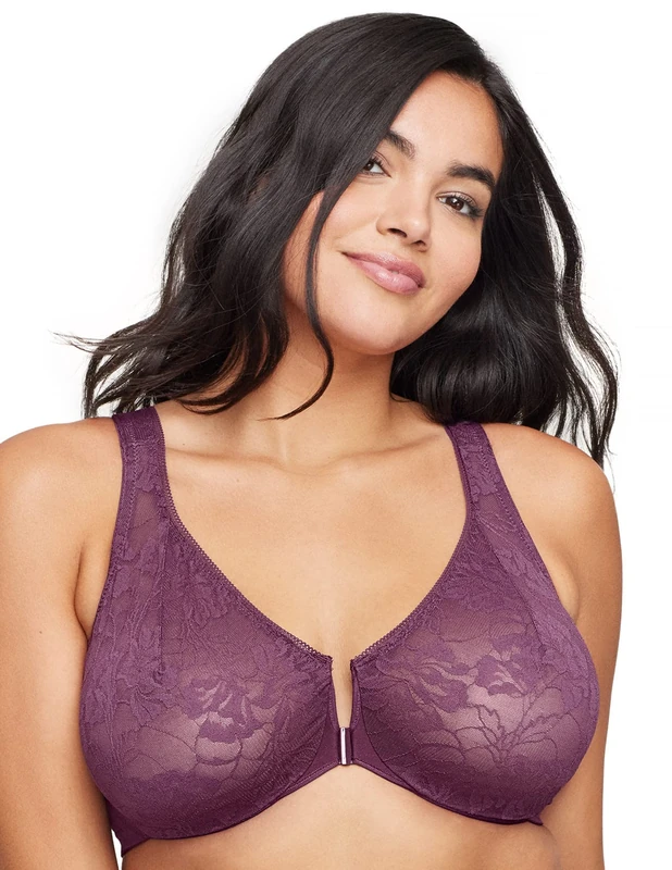 Glamorise Lacey T-Back Front-Closure Wonderwire Underwire Bra 9246 (Women's & Women's Plus) Black Plum - Image 1