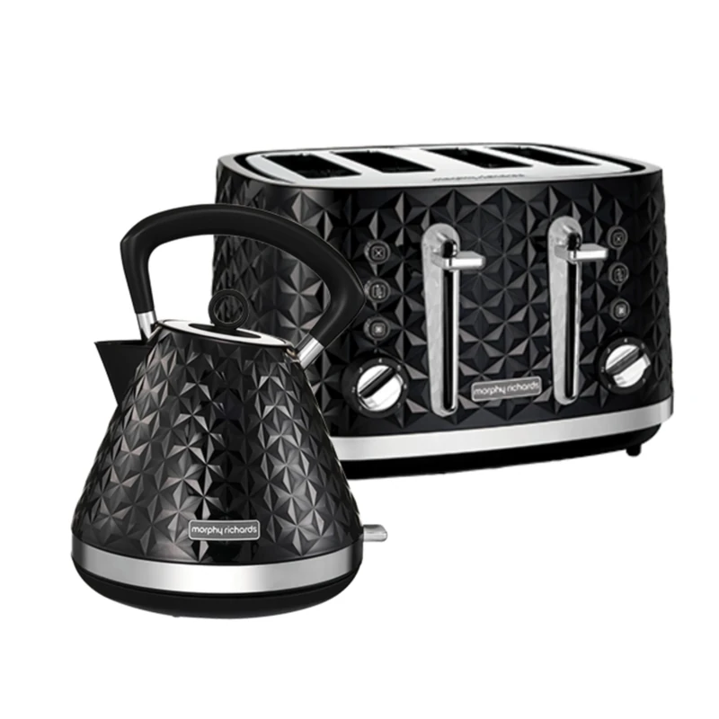 Morphy Richards Vector Pyramid Kettle and 4-Slice Toaster Set – 1.7L Rapid Boil Traditional Kettle with Anti-Limescale Filter & Variable Browning 4-Slice Toaster, Black 108131 | 248131