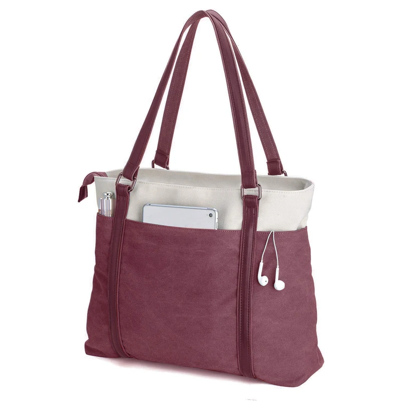 Women Laptop Tote Bag for Work Lightweight Splice Canvas 15.6 Inch Handbag Purse, Burgundy, L