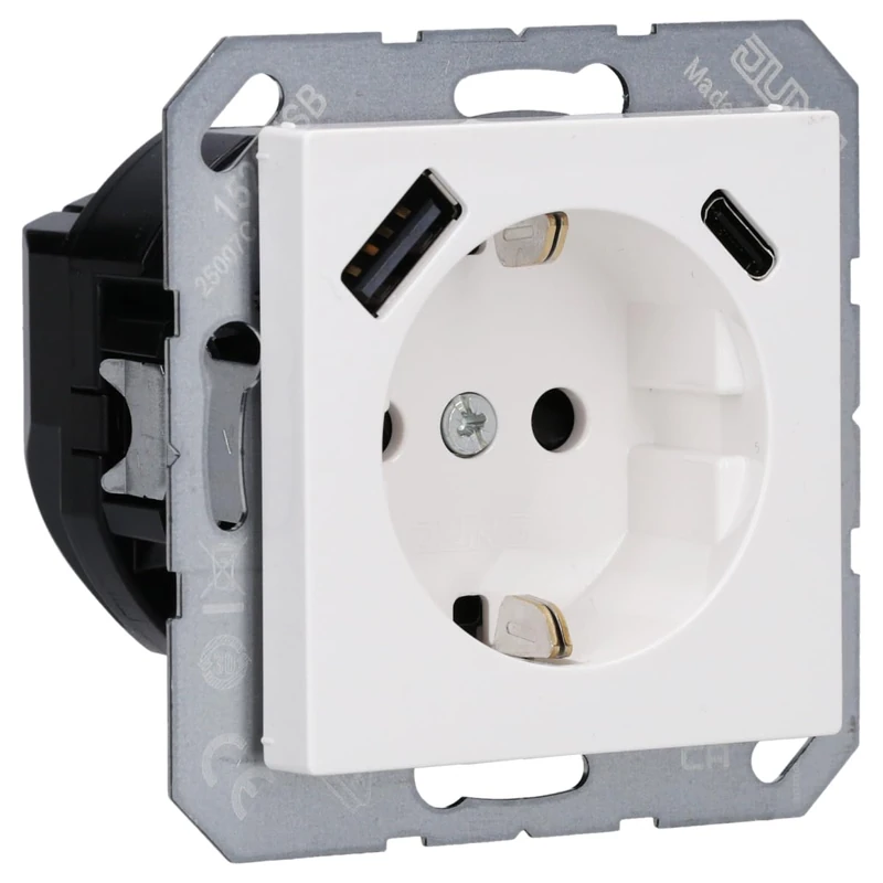 Jung A1520-15CAWW Schuko Socket with USB Type AC (3A) with Increased Touch Protection (Thermoplastic Shatter-Proof) Alpine White Series A