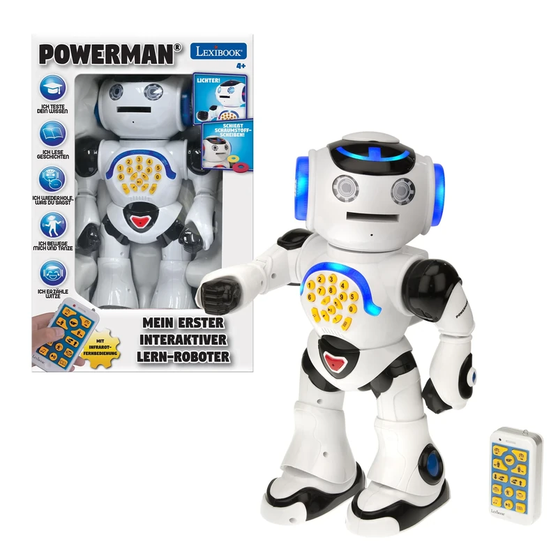 LEXIBOOK Powerman - Remote Control Walking Talking Dutch Toy Robot, Dances, Sings, Reads Stories, Math Quiz, Shooting Discs, and Voice Mimicking, for kids 4+, Dutch version, ROB50NL