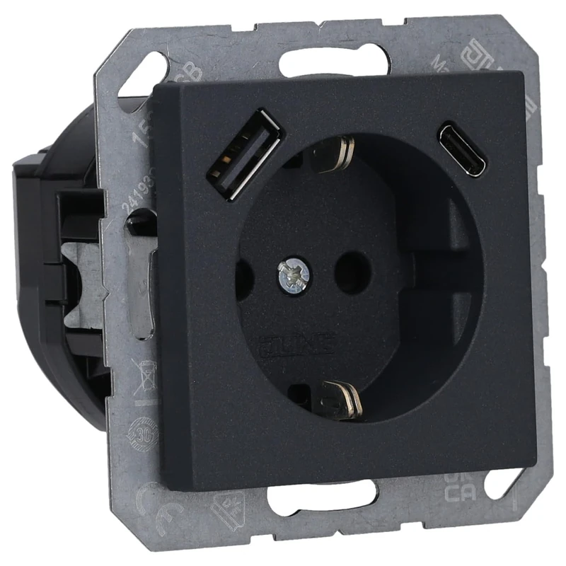 Jung A1520-15CAANM Schuko Socket with USB Type AC (max. 3A) with Increased Touch Protection (Thermoplastic Shatter-Proof) Anthracite Matt Series A