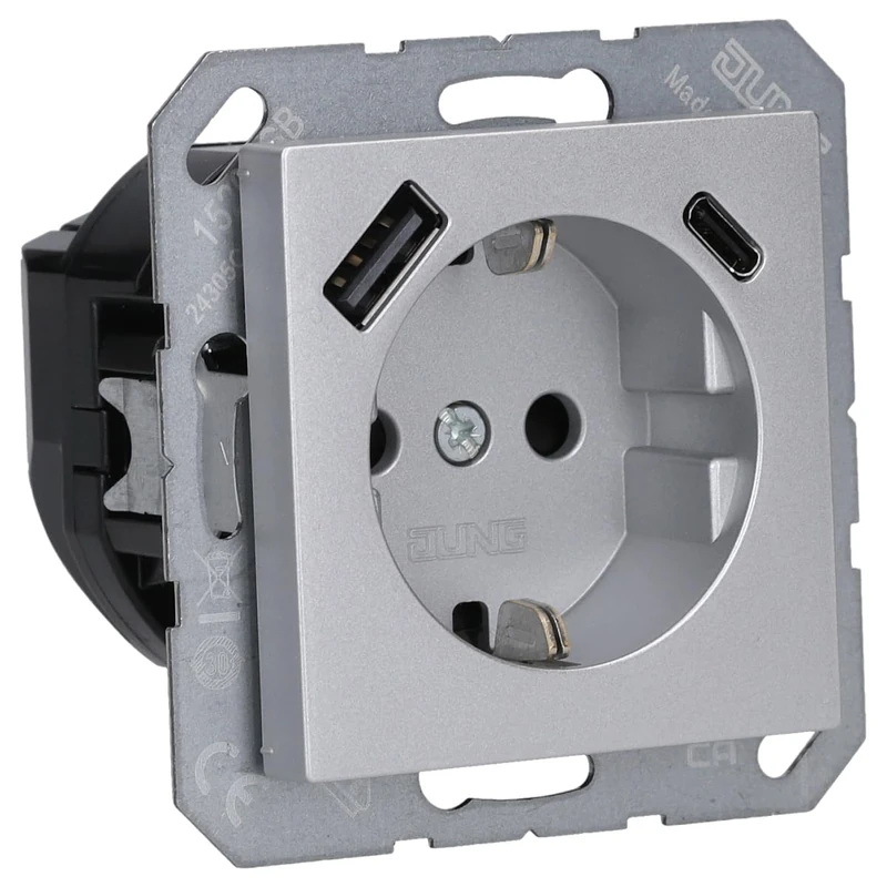 Jung A1520-15CAAL Schuko Socket with USB Type AC (max. 3A) with Increased Touch Protection (Thermoplastic Shatter-Proof) Aluminium Series A
