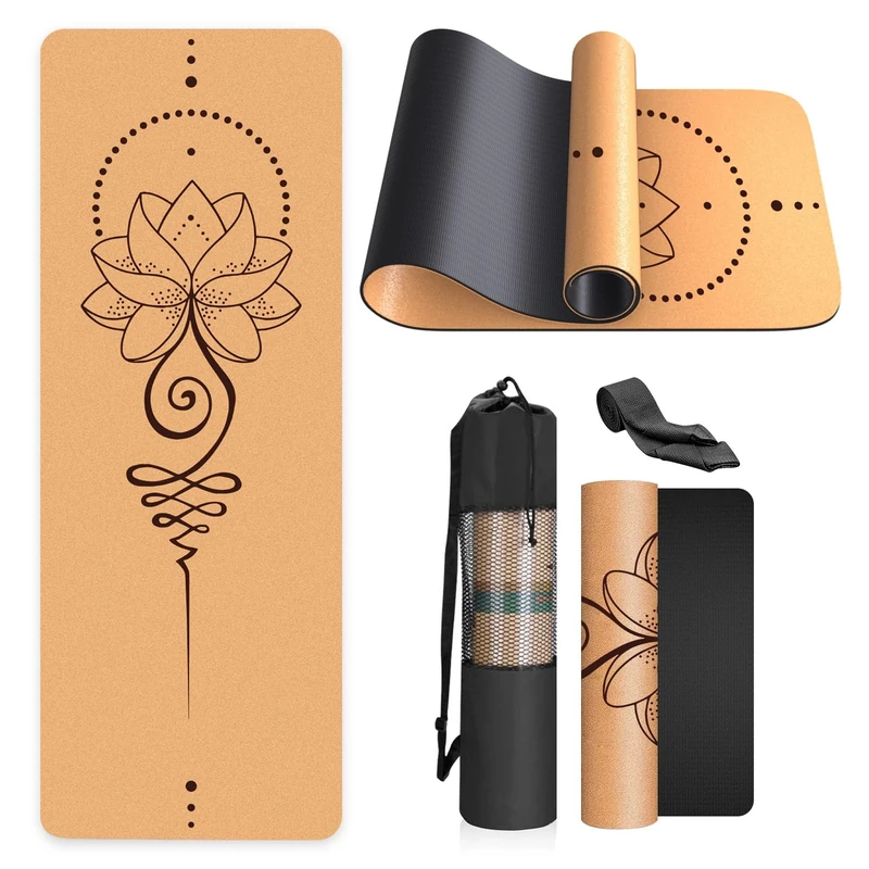 Haninj® Cork Yoga Mat Non Slip Unique Design Natural Cork Tpe Material Fitness Exercise Mat with Carry Bag and Strap For Home, Pilates,Aerobic,Gym & Workout 72 X 24