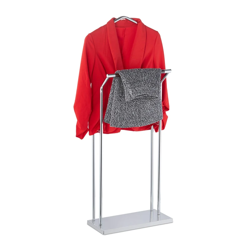 Relaxdays Valet Stand, Clothes Butler, Jacket & Trouser Hanger, Wood & Metal, 110 x 46 x 19 cm, Bedroom, Silver/Brown