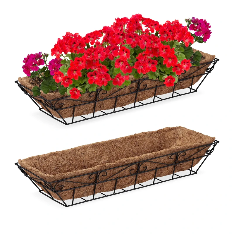 Relaxdays Flower Box Set of 2 with Coconut Liner Water Permeable Garden Iron 11.5 x 75 x 21.5 cm Black, Brown