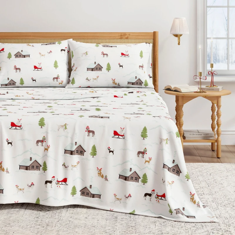 Great Bay Home 100% Turkish Cotton Queen Size Flannel Bedding Set, Deep Pocket, Soft Christmas Sheets, Warm, Anti-Pilling Flannel Bed Sheets (Queen, Winter Puppies)