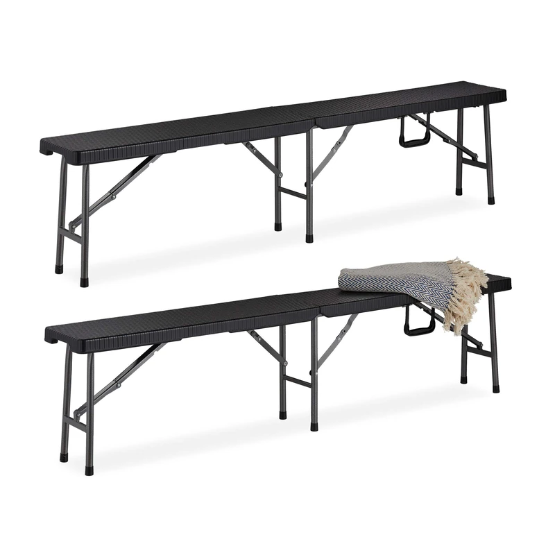 Relaxdays Fold-up Bench, 2x Set, Folding Picnic Seat, Beer Garden, Pub, Camp, HxWxD: 43 x 179 x 24.5 cm, Plastic, Black