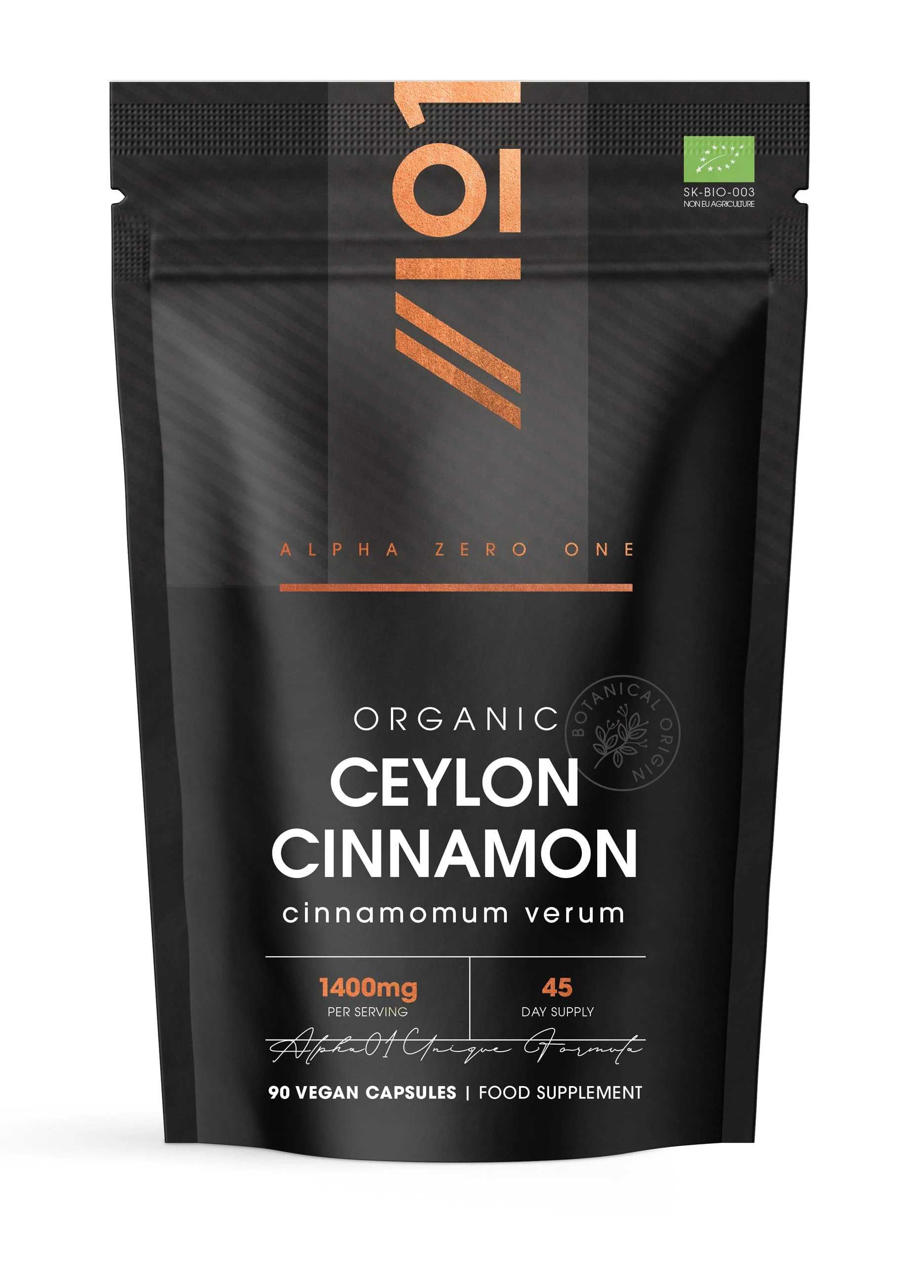 Organic Ceylon Cinnamon 1400mg – Potent 100% Sri Lanka Cinnamon Verum – 90 Vegan Capsules – Resealable and Recyclable Pouch by Alpha01
