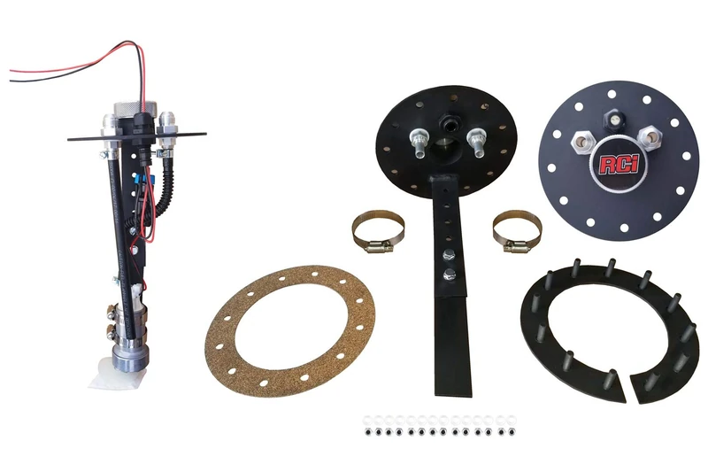 RCI Fuel Pump Hanger, 12 Bolt Round, 8 AN Fittings, Gaskets/Hardware Included, Aluminum, Black Anodize, Kit, Model Number: 7080A