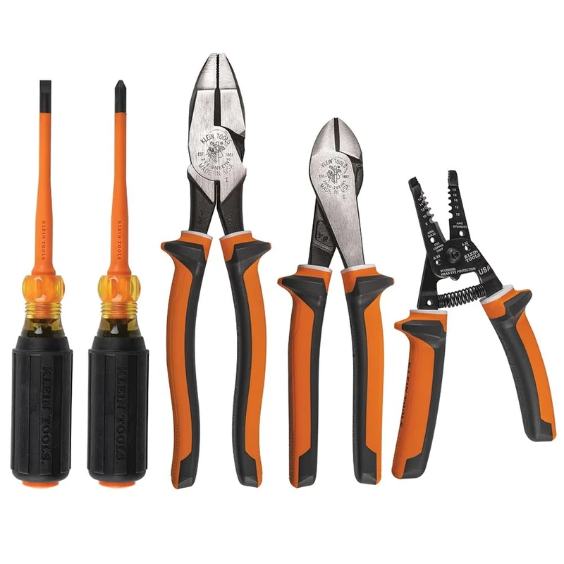 Insulated Screwdriver Tool Set, 1000V with #2 Phillips and 1/4-Inch Cabinet Slim Tips, 2 Pliers and Wire Stripper, Klein Tools 94130