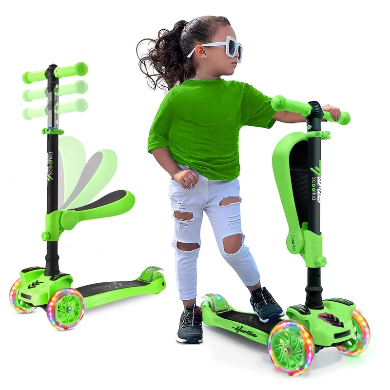 Hurtle 3-Wheel Try Scooter for Kids - Ages 2-12, Flip-able Seat, Foldable Kick Scooter, Flashing Lights, Adjustable Height, Green