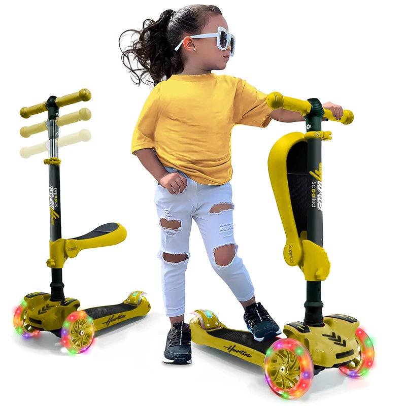 Hurtle 3-Wheel Try Scooter for Kids - Ages 2-12, Flip-able Seat, Foldable Kick Scooter with Flashing Lights, Adjustable Height, Yellow