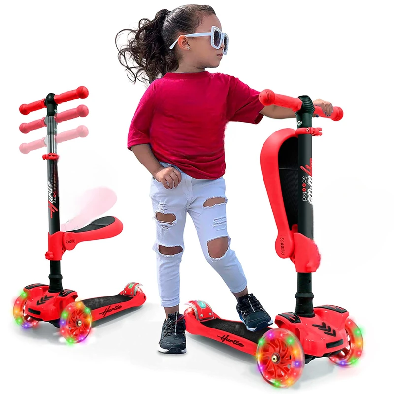 Hurtle 3 Wheel Try Scooter for Kids, Ages 2-12, with Flip-able Seat, Foldable Kick Toddler Scooter, Flashing Lights, Adjustable Height, Red
