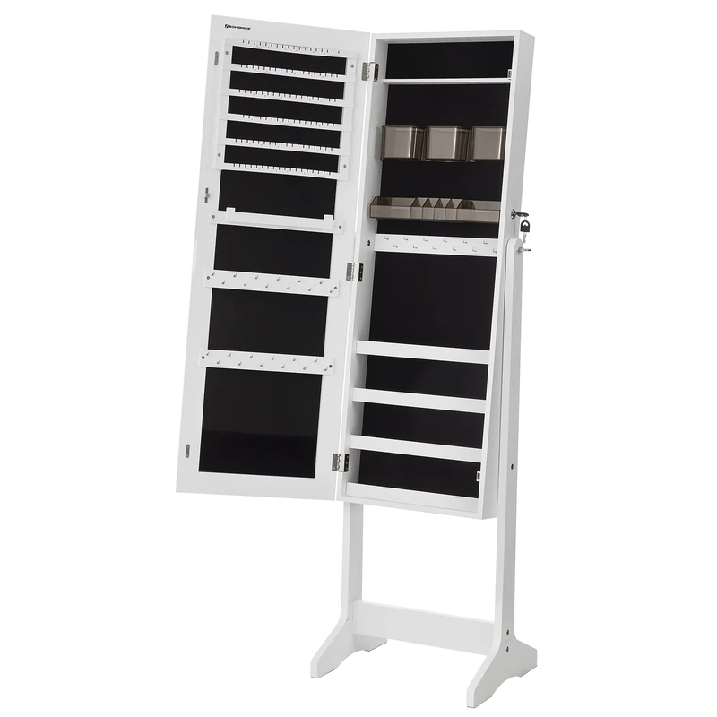 SONGMICS Jewellery Cabinet Armoire, Freestanding Lockable Storage Organiser Unit with 2 Plastic Cosmetic Storage, Full-Length Frameless Mirror, for Necklace Earring, White JJC002W01
