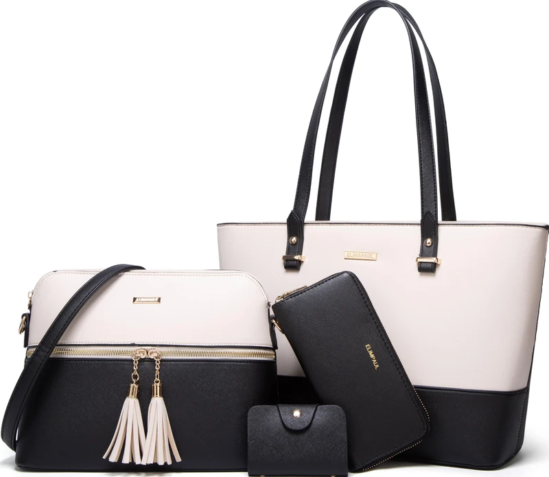Women Fashion Synthetic Leather Handbags Tote Bag Shoulder Bag Top Handle Satchel Purse Set 4pcs, Black, Beige, L - Image 1