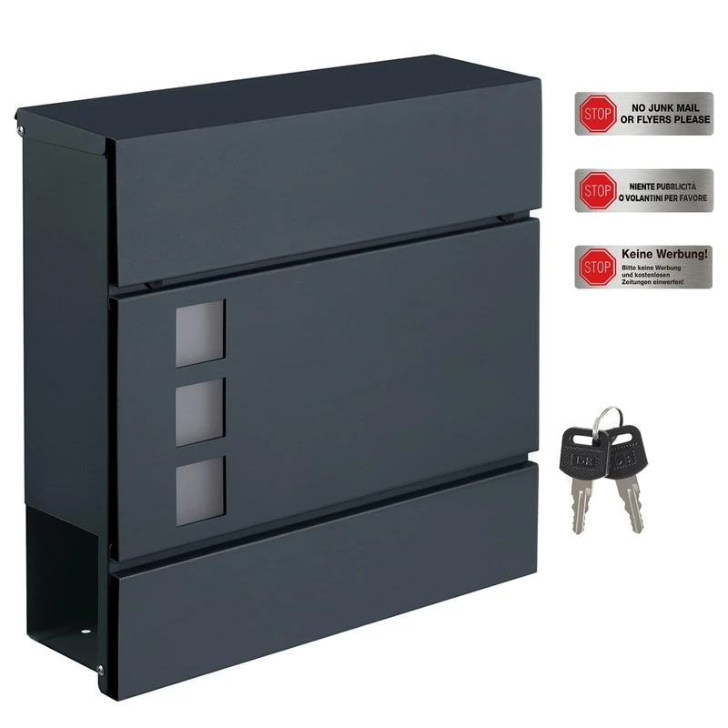 SONGMICS Modern Mailbox, Lockable Wall-Mounted Post Letter Box with Newspaper Holder, Easy to Install, Anthracite Grey GMB052G01