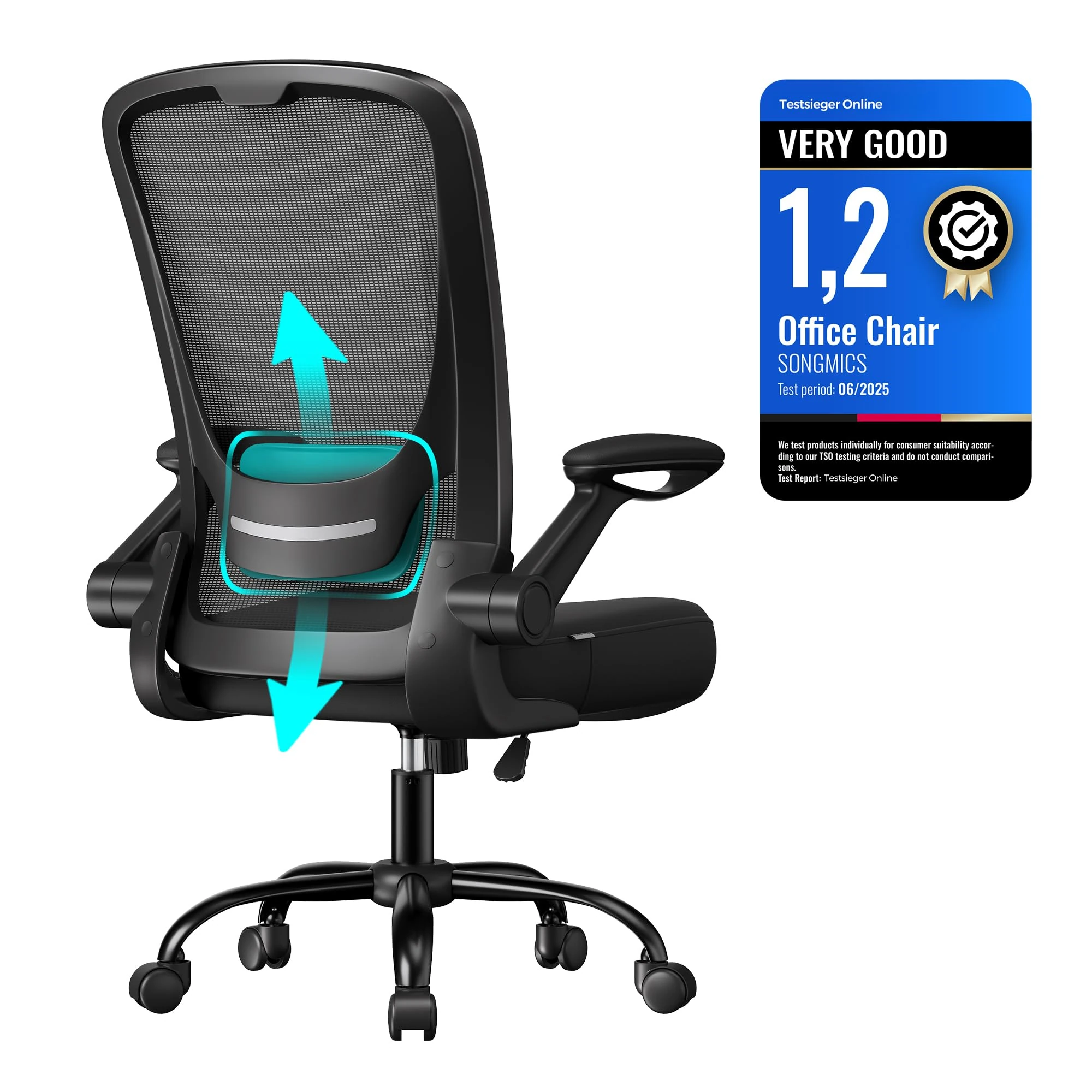 SONGMICS Office Chair, Desk Chair with Mesh Back, Ergonomic Computer Chair, with Adjustable Lumbar Support Cushion, Rocking Function, 53 cm Wide Seat, Flip-Up Armrests, Black OBN37BKUK