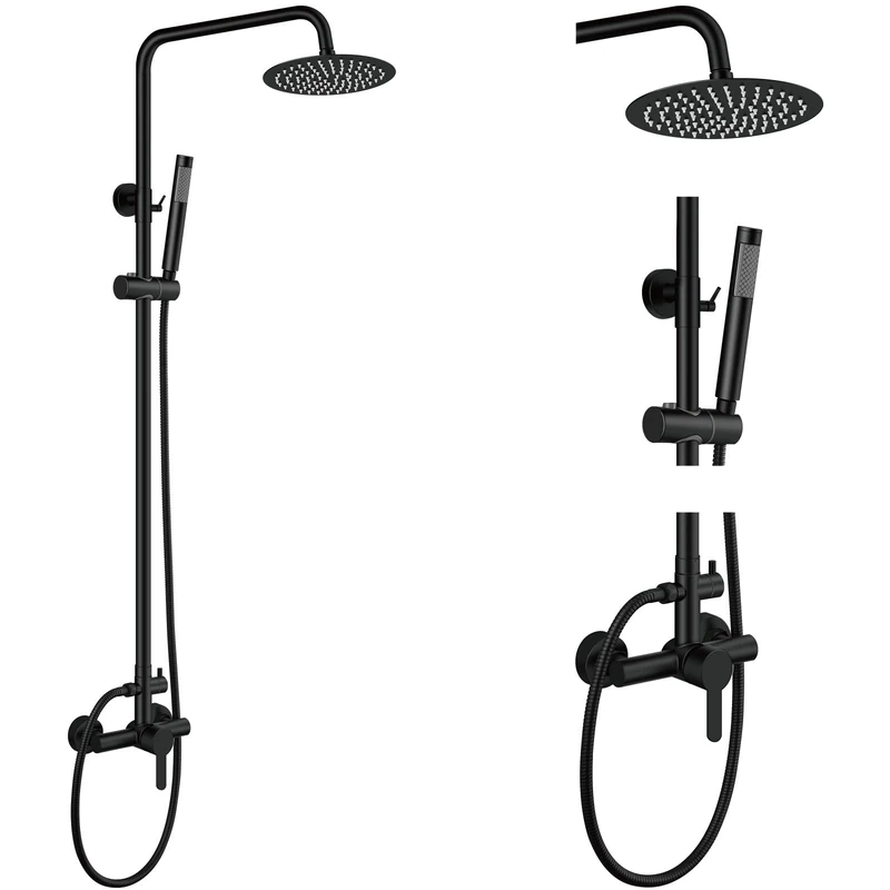 Aolemi Matte Black Outdoor Shower Set SUS304 Shower Fixture Combo Set Stainless Steel 8 inch Rainfall Shower Head Kit Single Handle High Pressure Hand Spray Wall Mount 2 Dual Function Single Handle