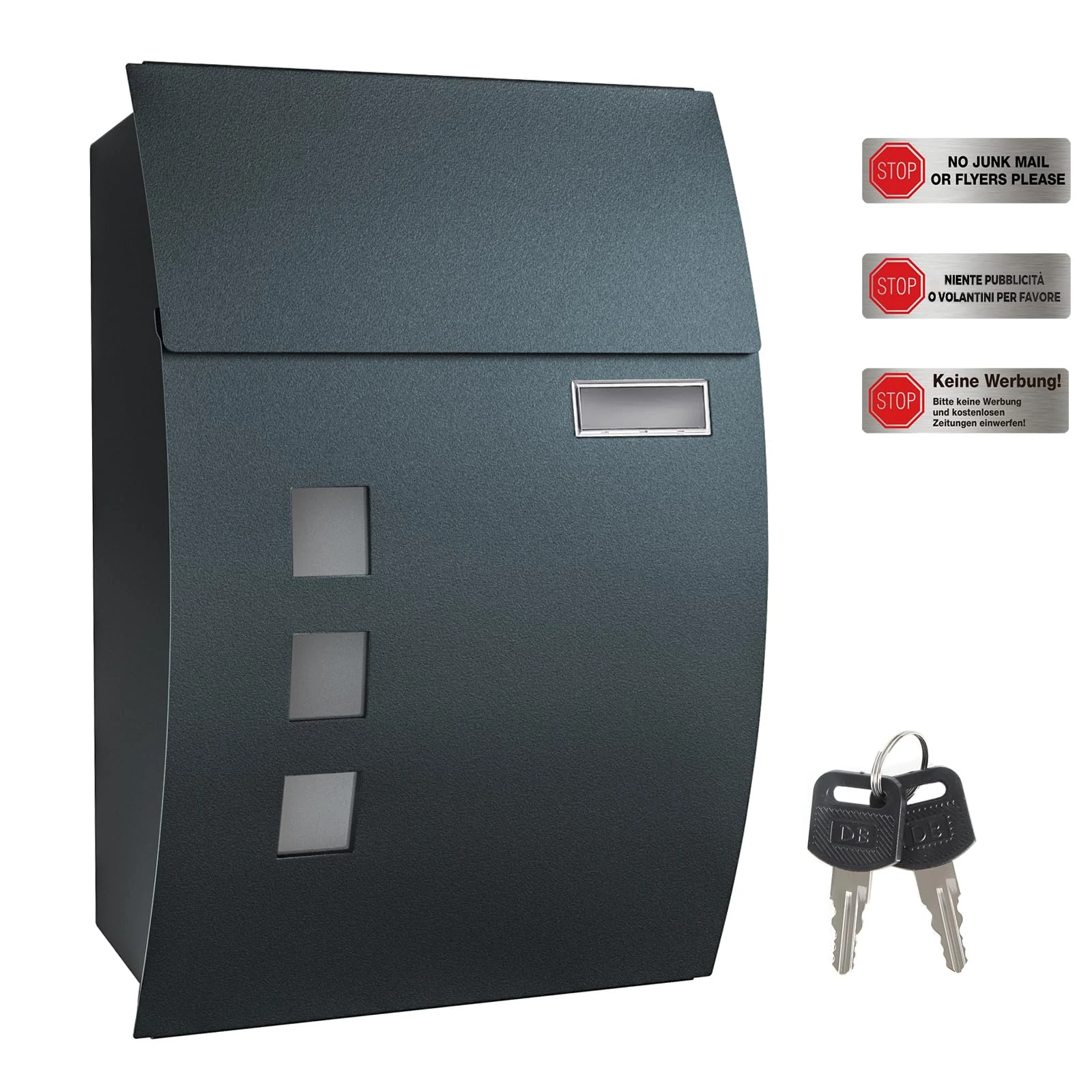 SONGMICS - Wall Mounted Post Box with Viewing Windows, Name Slot, 2 Keys - Easy to Install - Charcoal Grey - GMB030G02