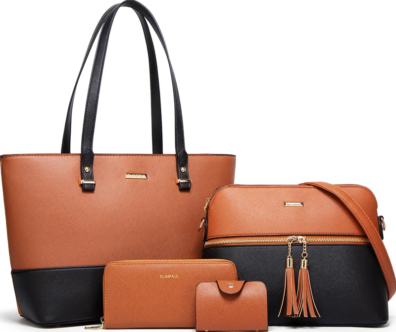 Lovematch Women Fashion Synthetic Leather Handbags Tote Bag Shoulder Bag Top Handle Satchel Purse Wallet Set 4pcs, A-black & Brown, L
