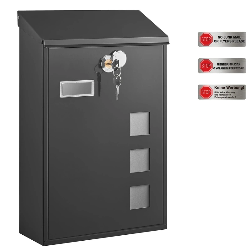 SONGMICS - Modern Wall Mounted Post Box with Viewing Windows, Nameplate, Lock with Copper Core, Easy to Install, Black GMB031B02