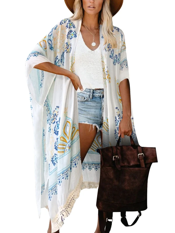 Breezy Lane Women's Beach Coverup Swimsuit Kimono Cardigan with Tie Dye Print - Off-white - One Size