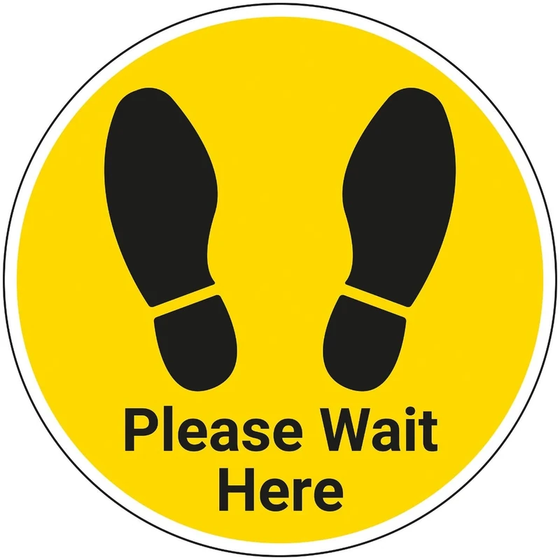 Vsafety Please Wait Here With Footprint - 450mm x 450mm - Self Adhesive Floor Sticker