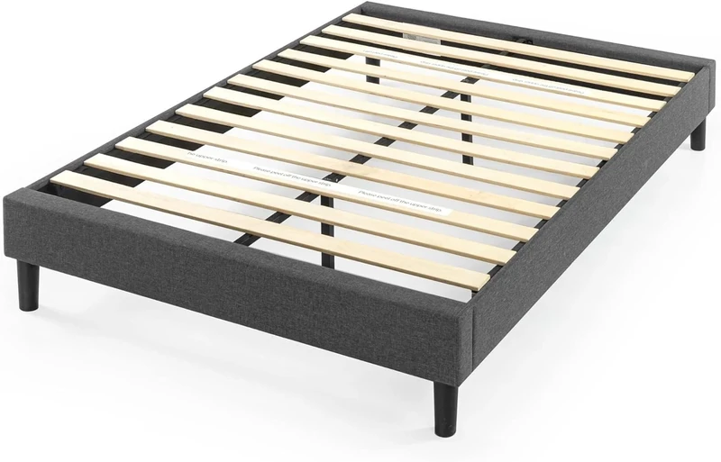 Zinus Curtis Upholstered Bed Frame | Double 135x190 cm | 35 cm High | Wood Slat Support | Easy Assembly | Grey
