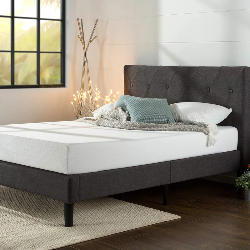 Zinus Shalini Upholstered Bed Frame with Headboard | King 150x200 cm | 35 cm High | Wood Slat Support | Easy Assembly | Dark Grey