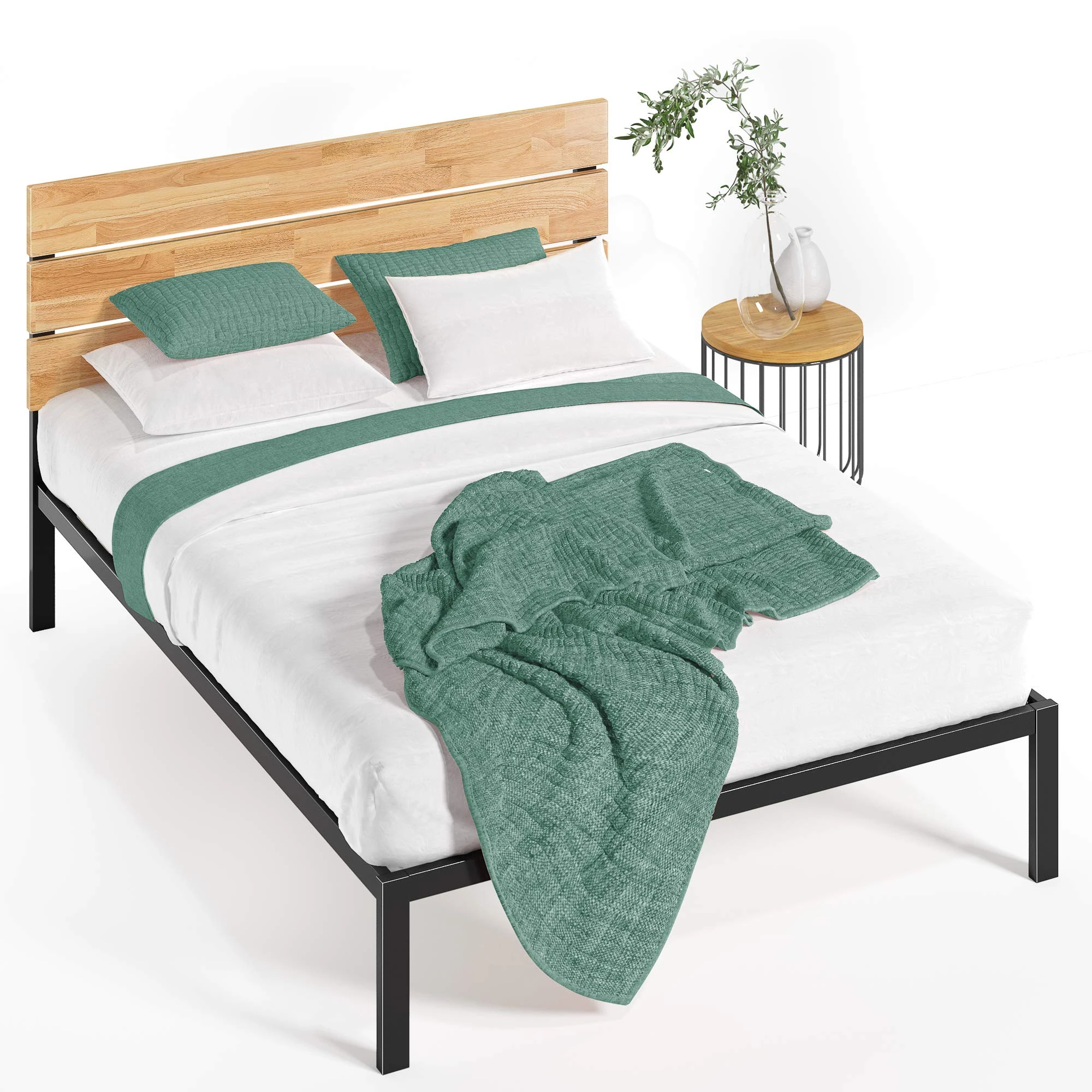 Zinus Paul Double Bed frame - Bed 135x190 cm - 36 cm Height - Metal and Wood Platform bed frame with wood slat support - Light brown and black