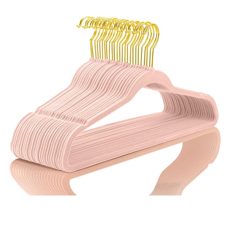 MIZGI Premium Velvet Hangers (Pack of 50) Heavyduty - Non Slip - Velvet Suit Hangers Blush Pink - Gold Hooks,Space Saving Clothes Hangers Felt Organizer
