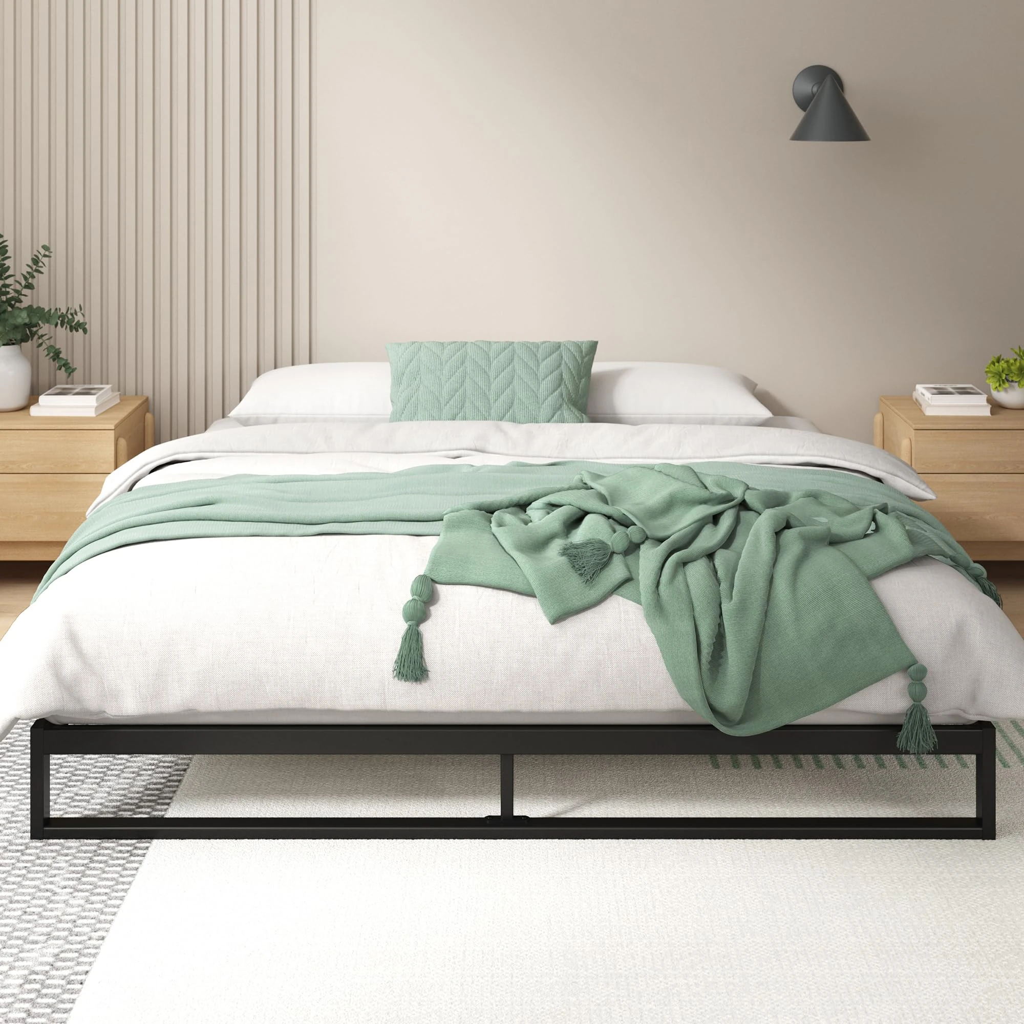 Zinus Trisha Double Bed frame - Bed 135x190 cm - 18 cm Height - Metal Platform Bed frame with Wood slat support - Black