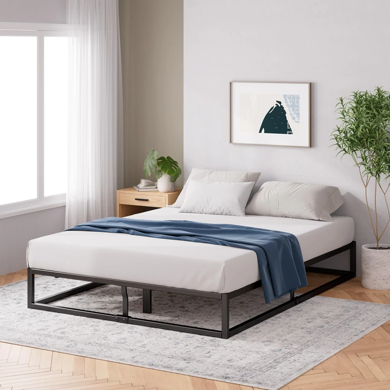Zinus Joseph King Size Bed frame - 5ft (150 x 200 cm) - 9.9'' Height - Metal Bed Base With Wood Slat support - Storage Space Underneath - Easy Assembly - Black - Image 1