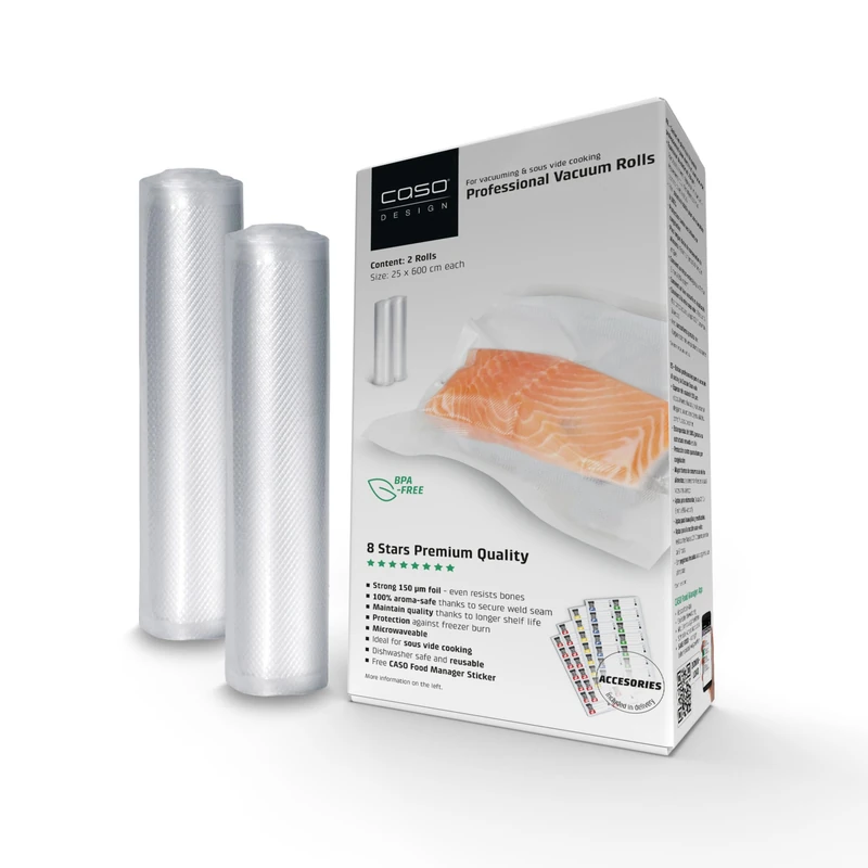 CASO Professional Foil Rolls 25 x 600 cm / 2 Rolls for All Vacuum Sealers, BPA-Free, Very Strong and Tear-Resistant Approx. 150 µm, Aroma-Proof, Boil-Proof, Sous Vide, Reusable, Includes Food Manager