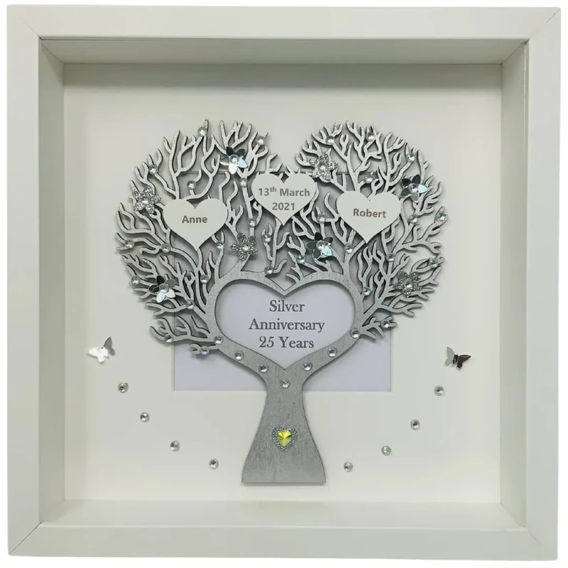 25th 25 Years Silver Wedding Anniversary Family Tree Picture Frame Gift Personalised – Various Designs (Heart Tree Metallic)